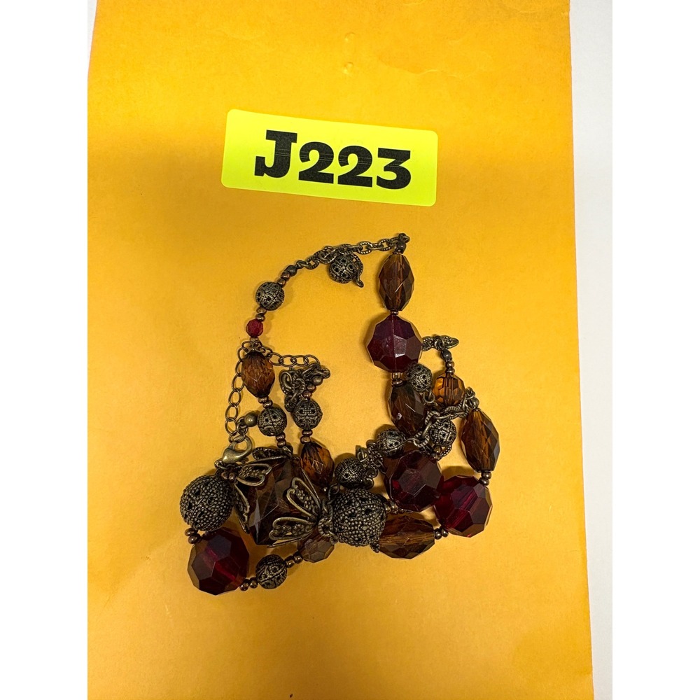 Avon Vintage Style Station Necklace Burgundy Warm Honey Beads Antique Brass - Picture 8 of 8